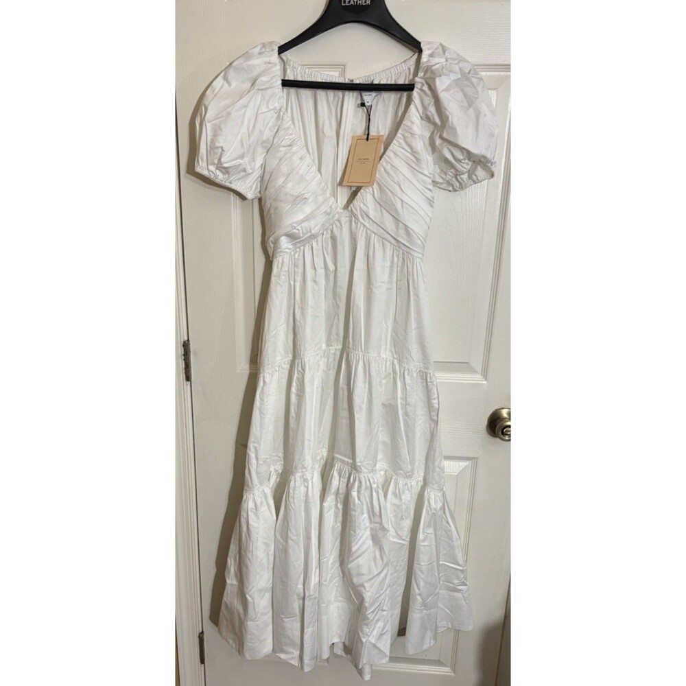 NWT La Ligne Ivory Ina Dress Tiered Maxi Puff Sleeve 100% Cotton Size Medium